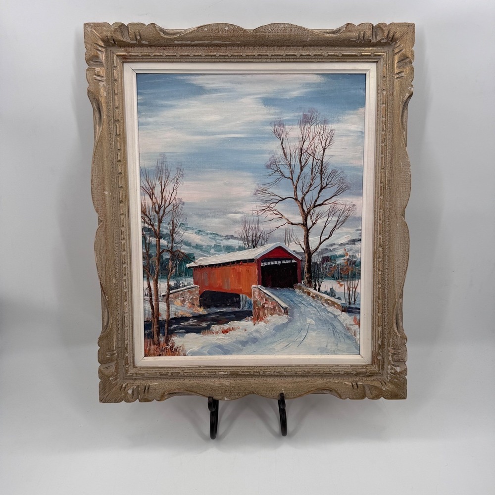 Clarence I. Dreisbach Covered Bridge Winter Oil Painting 26x22